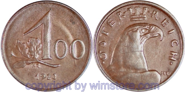 v31681 1. Republik, 100 Kronen 1923, J 419, Bronze, ss