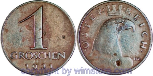 1. Republik, 1 Groschen 1931, J 424, Bronze, s-ss, fleckig, korrodiert