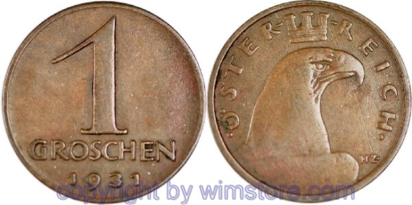 1. Republik, 1 Groschen 1931, J 424, Bronze, ss
