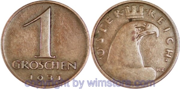 1. Republik, 1 Groschen 1931, J 424, Bronze, ss, Fleck