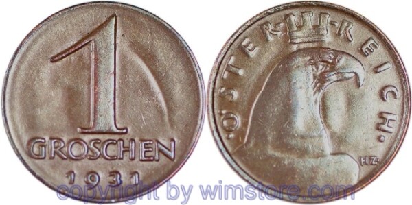 1. Republik, 1 Groschen 1931, J 424, Bronze, ss