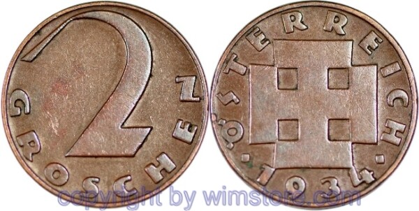 1. Republik, 2 Groschen 1934, J 425, Bronze, ss