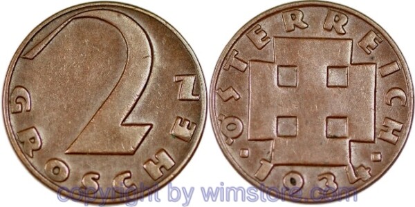 1. Republik, 2 Groschen 1934, J 425, Bronze, ss
