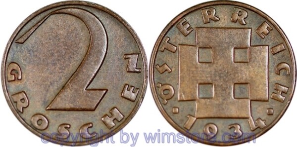 1. Republik, 2 Groschen 1934, J 425, Bronze, ss