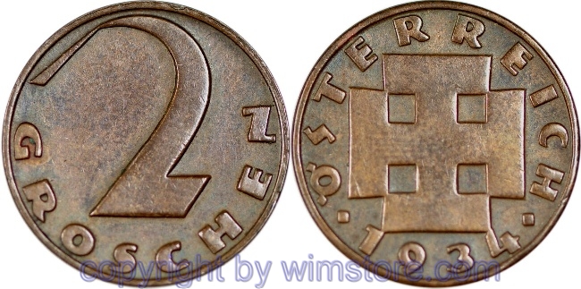 v31699 1. Republik, 2 Groschen 1934, J 425, Bronze, ss