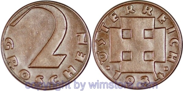 1. Republik, 2 Groschen 1934, J 425, Bronze, ss