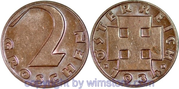 1. Republik, 2 Groschen 1934, J 425, Bronze, ss