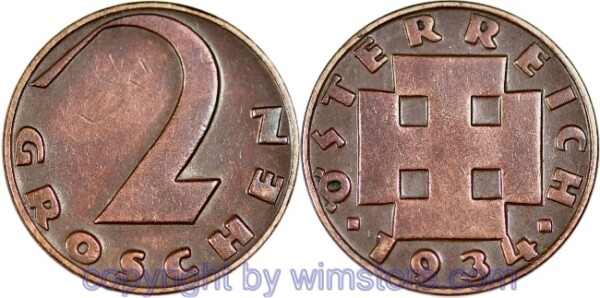 1. Republik, 2 Groschen 1934, J 425, Bronze, -ss