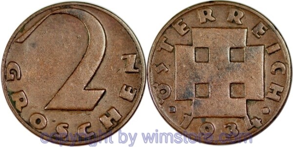 1. Republik, 2 Groschen 1934, J 425, Bronze, -ss