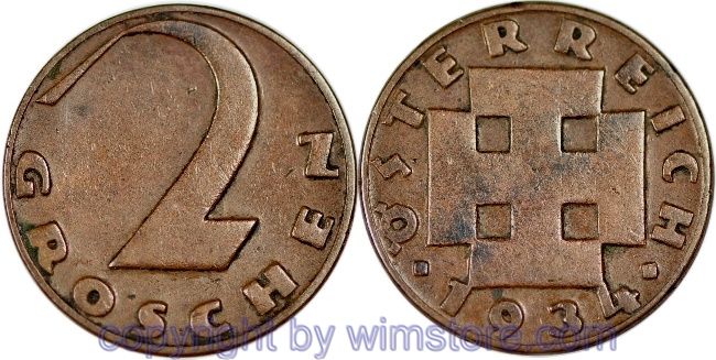 v31704 1. Republik, 2 Groschen 1934, J 425, Bronze, -ss