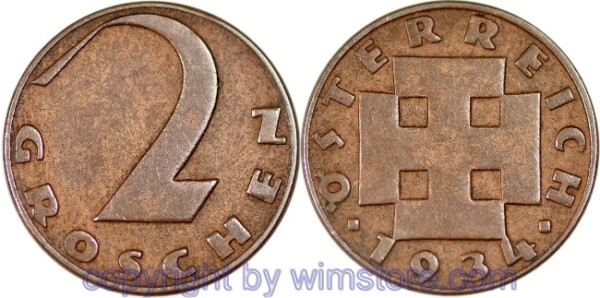 1. Republik, 2 Groschen 1934, J 425, Bronze, -ss
