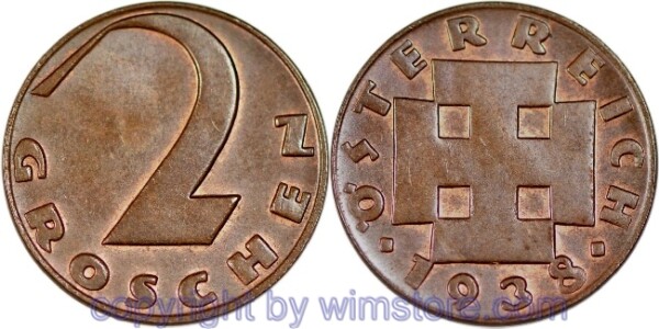 1. Republik, 2 Groschen 1938, J 425, Bronze, vz