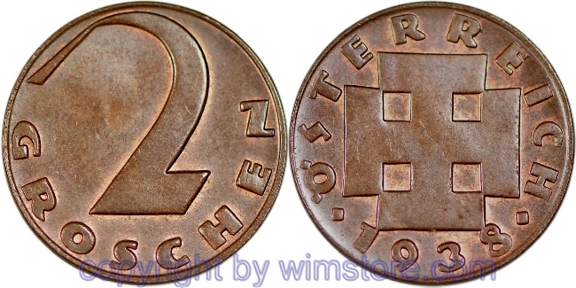 v31708 1. Republik, 2 Groschen 1938, J 425, Bronze, vz