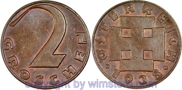 1. Republik, 2 Groschen 1938, J 425, Bronze, vz