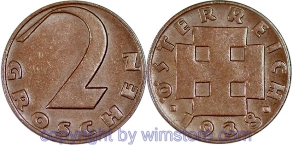 1. Republik, 2 Groschen 1938, J 425, Bronze, ss