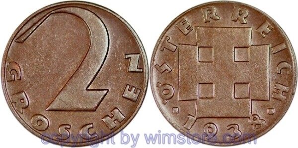 1. Republik, 2 Groschen 1938, J 425, Bronze, ss
