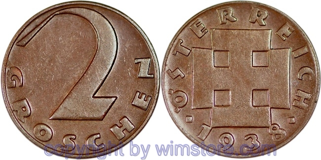 v31714 1. Republik, 2 Groschen 1938, J 425, Bronze, ss
