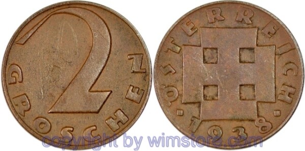 1. Republik, 2 Groschen 1938, J 425, Bronze, ss