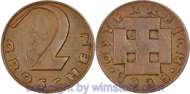 v31715 1. Republik, 2 Groschen 1938, J 425, Bronze, ss