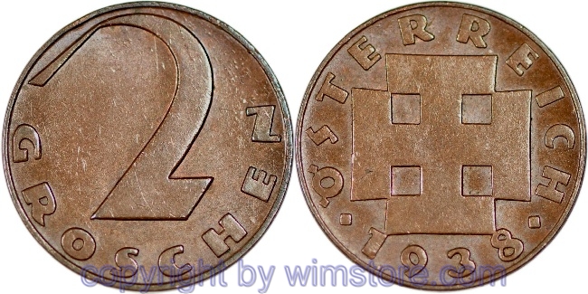 v31716 1. Republik, 2 Groschen 1938, J 425, Bronze, ss