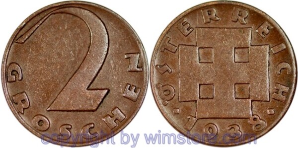 1. Republik, 2 Groschen 1938, J 425, Bronze, -ss