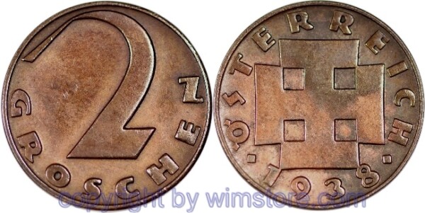 1. Republik, 2 Groschen 1938, J 425, Bronze, -ss