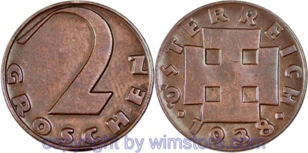 1. Republik, 2 Groschen 1938, J 425, Bronze, -ss