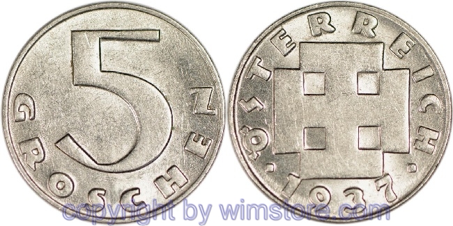 1. Republik, 5 Groschen 1937, J 426, Ku/Ni, vz