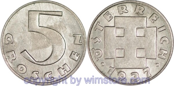 1. Republik, 5 Groschen 1937, J 426, Ku/Ni, ss
