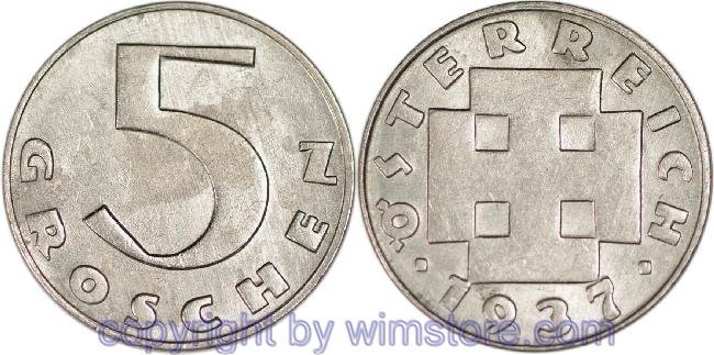 1. Republik, 5 Groschen 1937, J 426, Ku/Ni, ss
