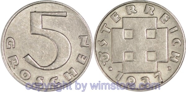 1. Republik, 5 Groschen 1937, J 426, Ku/Ni, ss