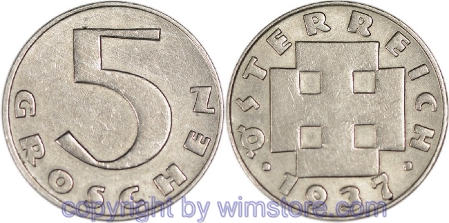 1. Republik, 5 Groschen 1937, J 426, Ku/Ni, ss