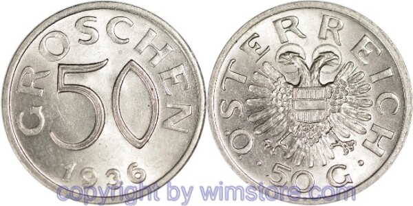 1. Republik, 50 Groschen 1936, J 440, Ku/Ni, vz-st