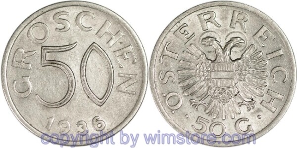 1. Republik, 50 Groschen 1936, J 440, Ku/Ni, ss