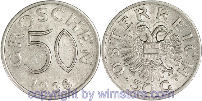 1. Republik, 50 Groschen 1936, J 440, Ku/Ni, ss
