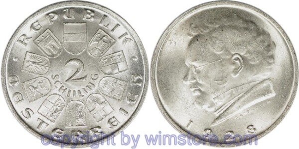 1. Republik, 2 Schilling 1928, Franz Schubert, J 430, Silber, vz, fleckig
