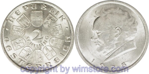 1. Republik, 2 Schilling 1928, Franz Schubert, J 430, Silber, vz, fleckig