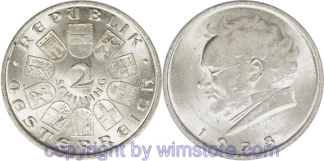 1. Republik, 2 Schilling 1928, Franz Schubert, J 430, Silber, vz, fleckig