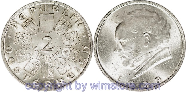 1. Republik, 2 Schilling 1928, Franz Schubert, J 430, Silber, vz, fleckig