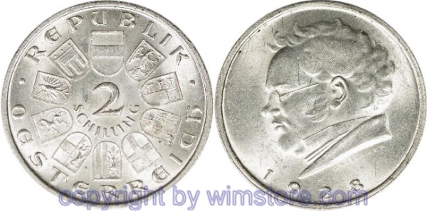 1. Republik, 2 Schilling 1928, Franz Schubert, J 430, Silber, vz, fleckig