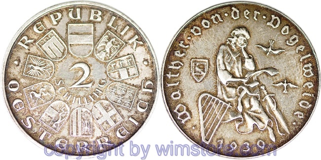 1. Republik, 2 Schilling 1930, Walther von der Vogelweide, J 432, Silber, vz, schön gedunkelt