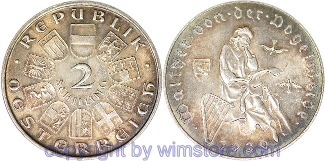 1. Republik, 2 Schilling 1930, Walther von der Vogelweide, J 432, Silber, vz, schön gedunkelt