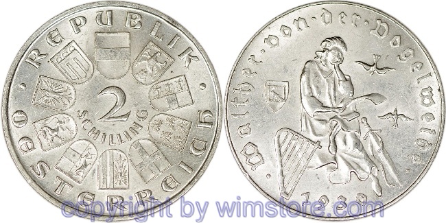 1. Republik, 2 Schilling 1930, Walther von der Vogelweide, J 432, Silber, ss, fleckig