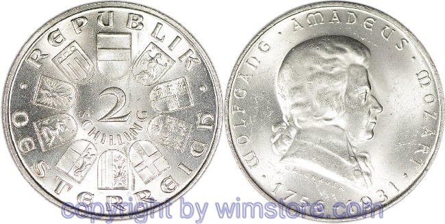 1. Republik, 2 Schilling 1931, Wolfgang Amadeus Mozart, J 433, Silber, vz