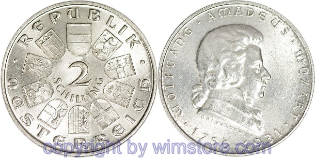 1. Republik, 2 Schilling 1931, Wolfgang Amadeus Mozart, J 433, Silber, vz