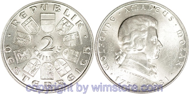 1. Republik, 2 Schilling 1931, Wolfgang Amadeus Mozart, J 433, Silber, vz, fleckig