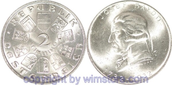1. Republik, 2 Schilling 1932, Joseph Haydn, J 434, Silber, vz, fleckig
