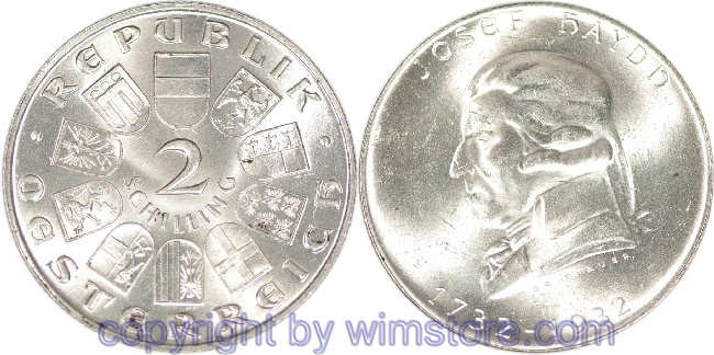 1. Republik, 2 Schilling 1932, Joseph Haydn, J 434, Silber, vz, fleckig