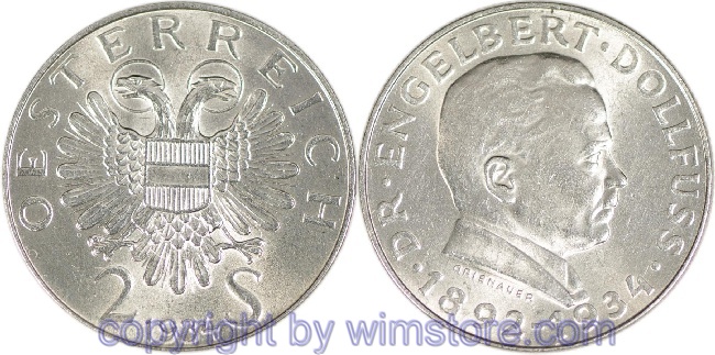 1. Republik, 2 Schilling 1934, Dr. Engelbert Dollfuss, J 441, Silber, vz-st