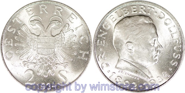 1. Republik, 2 Schilling 1934, Dr. Engelbert Dollfuss, J 441, Silber, vz, fleckig